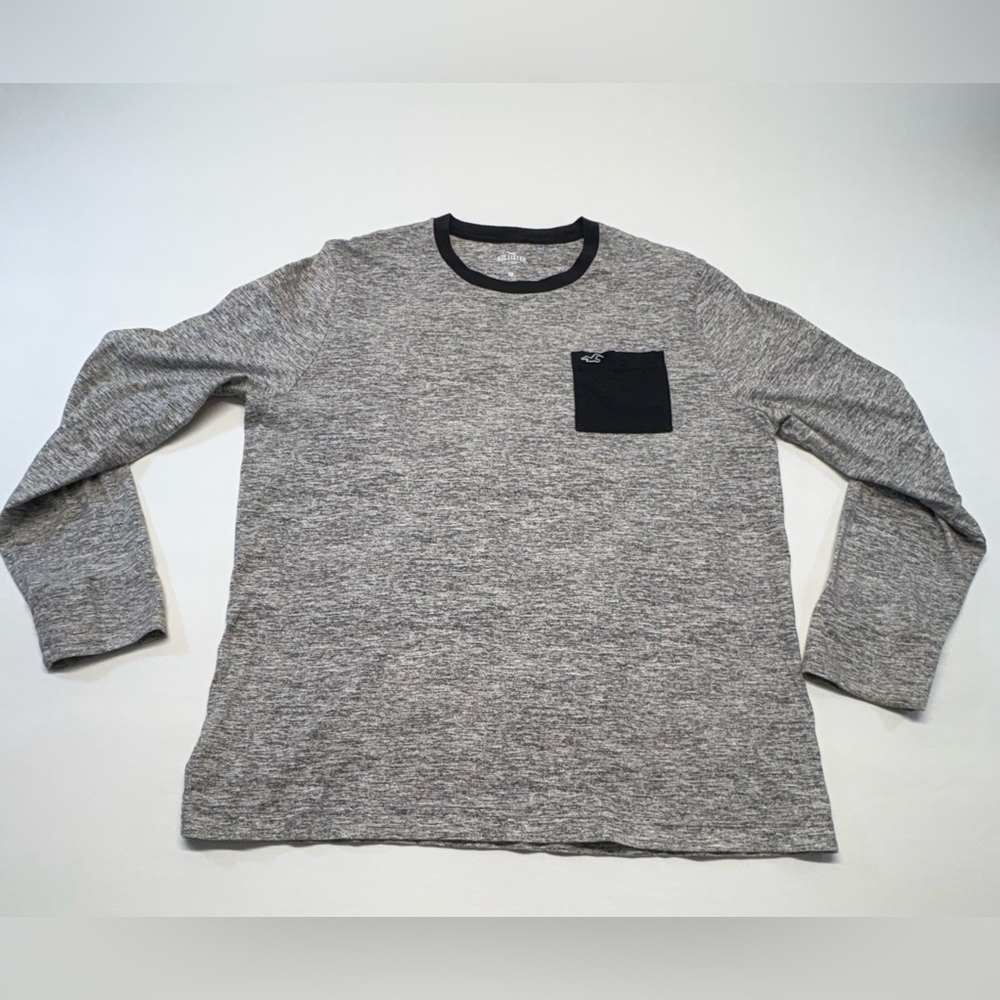 Hollister Men's Heather Grey Long Sleeve Crew with Black Pocket & Neck Trim